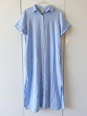 C&C California Slate Blue Linen Blend Button Front Midi Shirt Dress Pockets Sz L